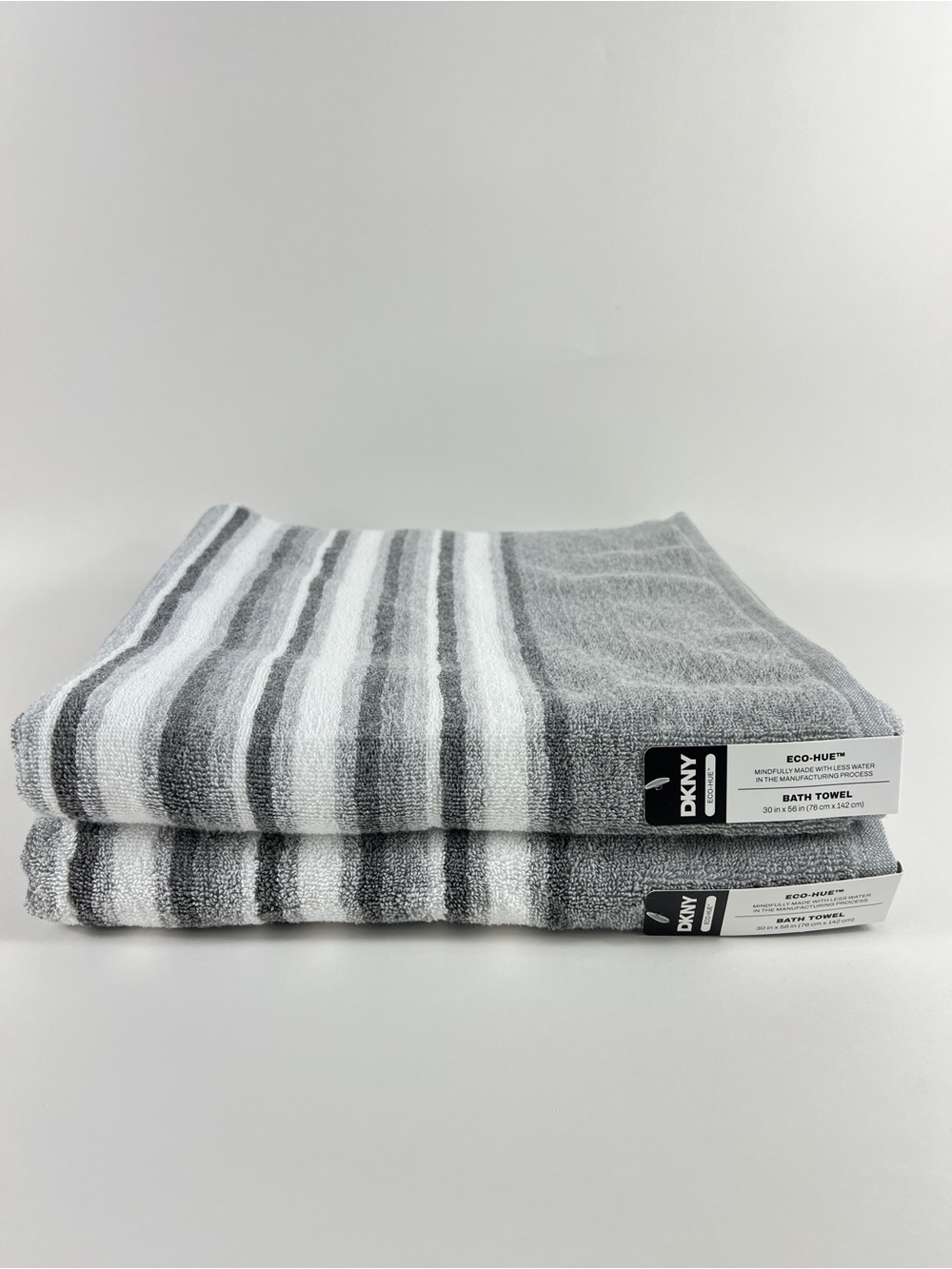 DKNY Bath Towels Eco Hue Gray White Stripe Soft Cotton Blend 2 Pc NEW